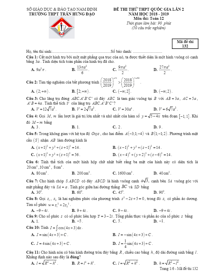 Đề thi thử Toán THPT QG 2019 lần 2 trường THPT Trần Hưng Đạo – Nam Định