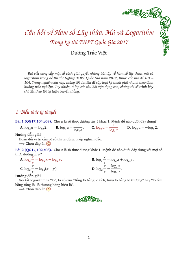 Hướng dẫn giải các bài toán về hàm số lũy thừa, mũ và logarit trong đề thi THPT QG 2017 – Dương Trác Việt