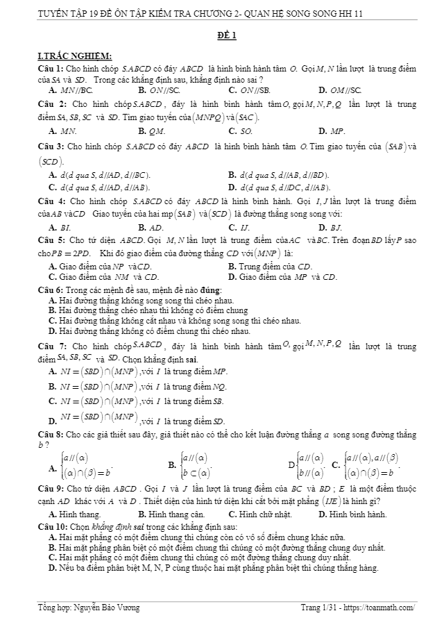 19 đề ôn tập kiểm tra Hình học 11 chương 2 – quan hệ song song