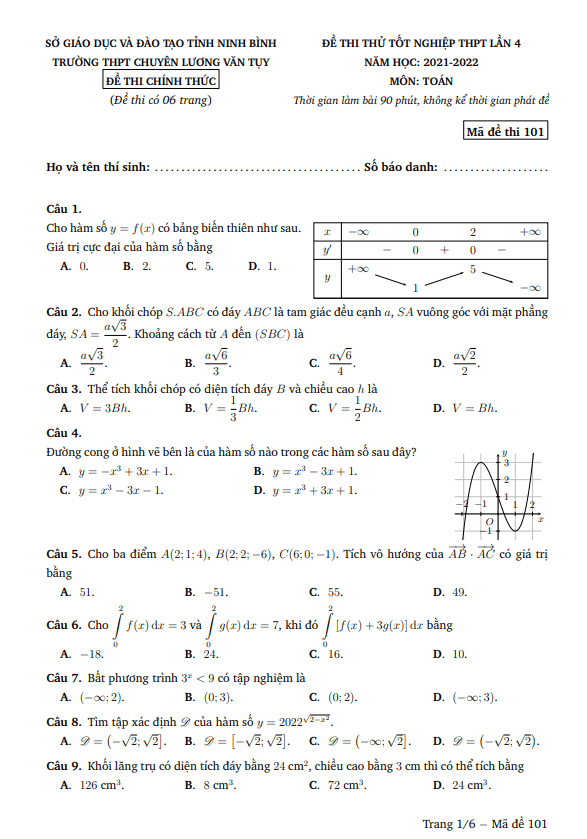 Đề thi thử Toán TN THPT 2022 lần 4 trường chuyên Lương Văn Tụy – Ninh Bình
