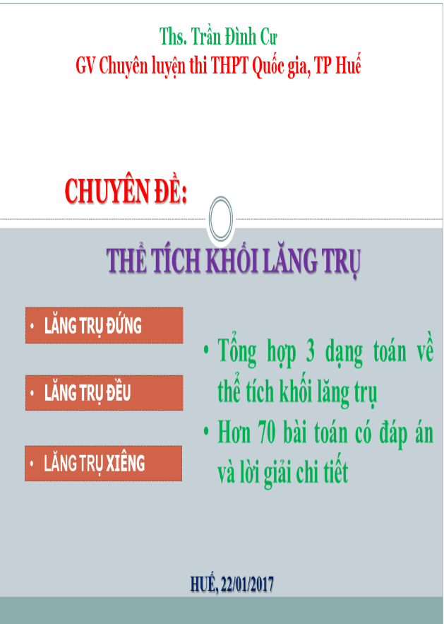 Chuyên đề thể tích khối lăng trụ – Trần Đình Cư