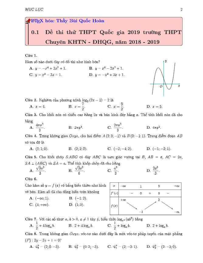 Đề thi thử Toán THPT Quốc gia 2019 trường THPT chuyên KHTN – Hà Nội