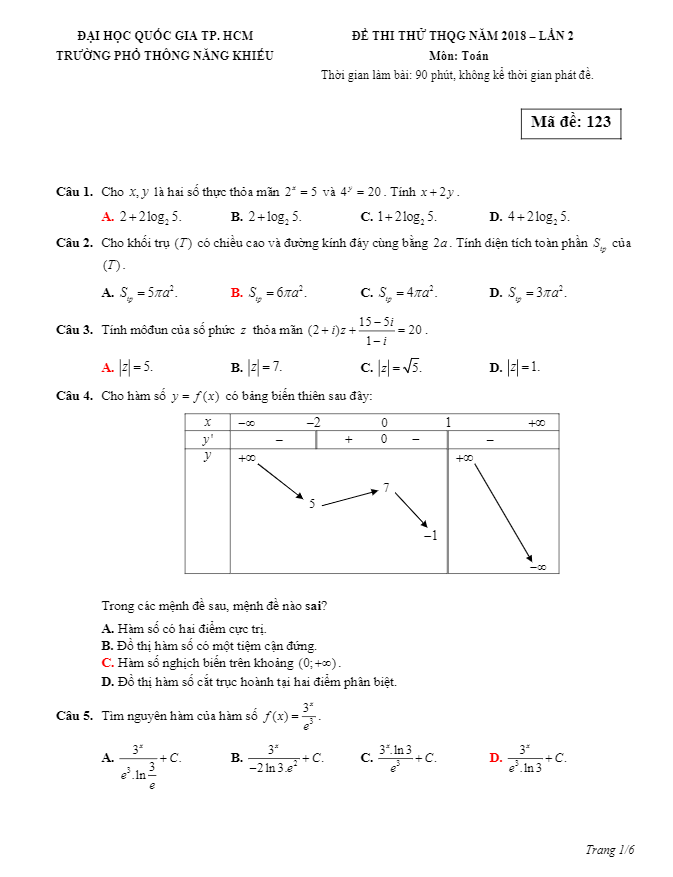 Đề thi thử Toán THPTQG 2018 trường Phổ Thông Năng Khiếu – TP. HCM lần 2