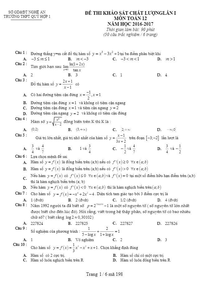 Đề khảo sát chất lượng môn Toán 12 trường THPT Quỳ Hợp 1 – Nghệ An lần 1