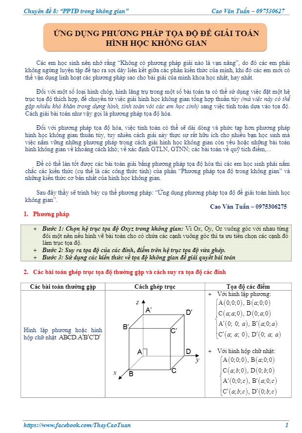 Ứng dụng phương pháp tọa độ để giải bài toán hình học không gian – Cao Văn Tuấn