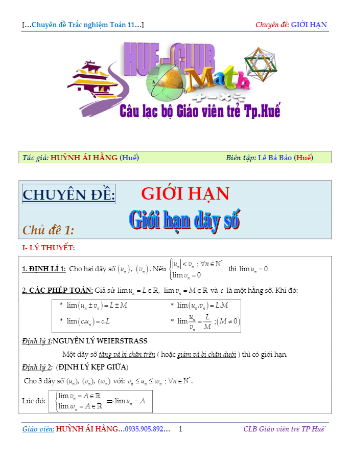 Chuyên đề giới hạn của dãy số – Huỳnh Ái Hằng
