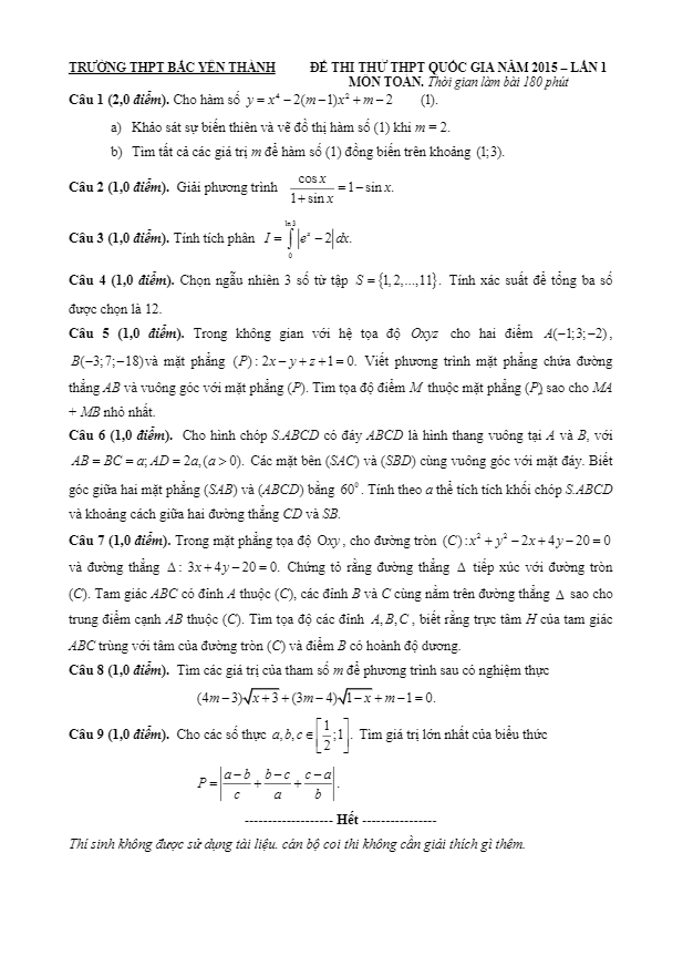 Đề thi thử THPT Quốc gia 2015 môn Toán trường Bắc Yên Thành lần 1
