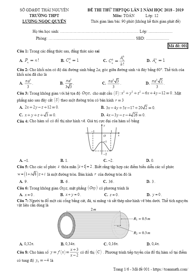 Đề thi thử Toán THPTQG 2019 lần 2 trường Lương Ngọc Quyến – Thái Nguyên