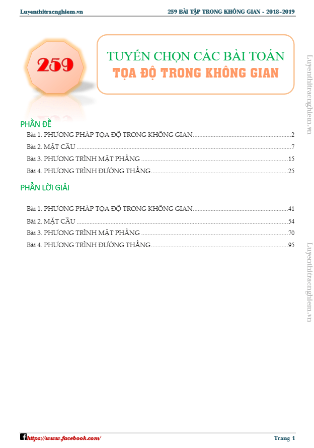Tuyển chọn 259 bài toán tọa độ trong không gian