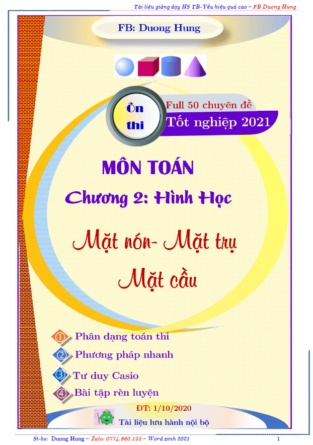 Chuyên đề mặt cầu, mặt trụ, mặt nón dành cho học sinh trung bình – yếu – Dương Minh Hùng