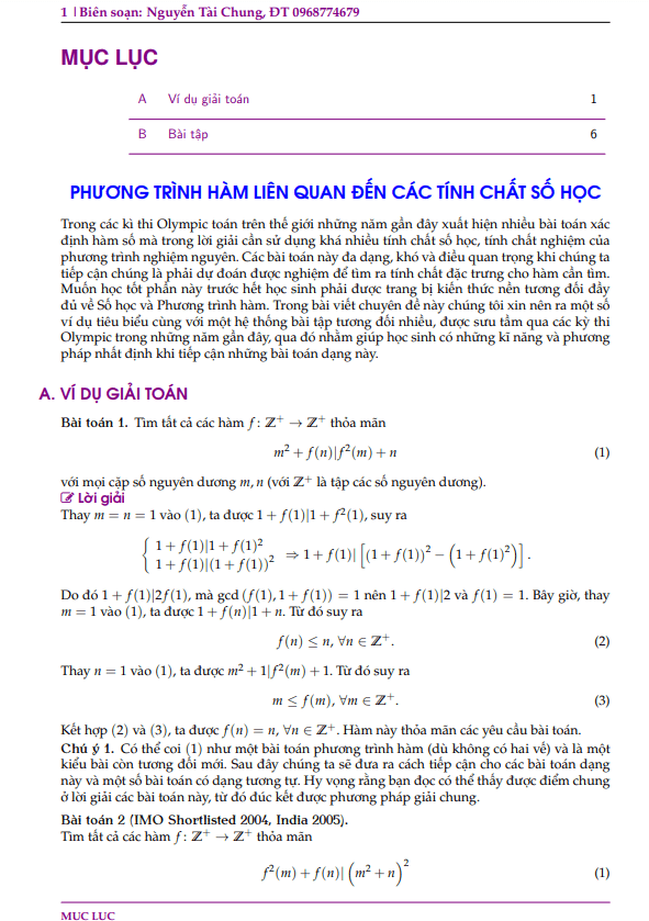 Phương trình hàm liên quan đến các tính chất số học – Nguyễn Tài Chung