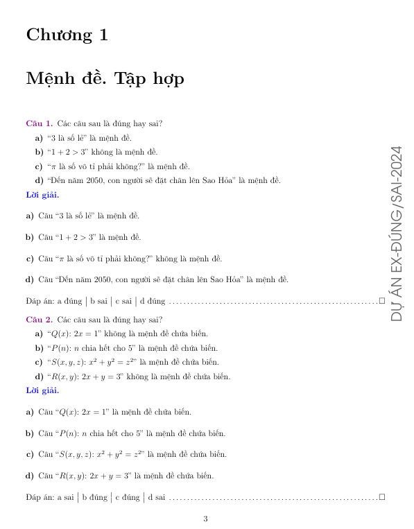 Bài tập trắc nghiệm dạng đúng / sai môn Toán 10