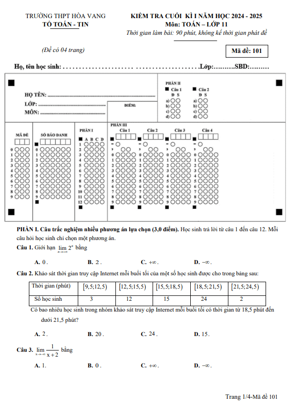 Đề cuối kì 1 Toán 11 năm 2024 – 2025 trường THPT Hòa Vang – Đà Nẵng