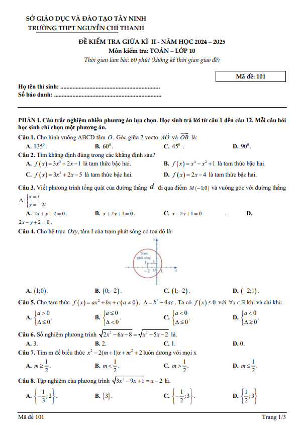Đề giữa kì 2 Toán 10 năm 2024 – 2025 trường THPT Nguyễn Chí Thanh – Tây Ninh