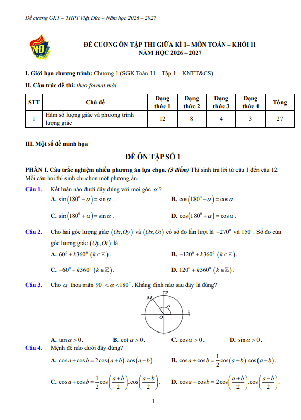 Đề cương giữa học kì 1 Toán 11 năm 2026 – 2027 trường THPT Việt Đức – Hà Nội