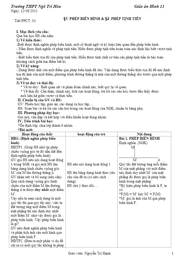 Giáo án Hình học 11 cơ bản – Nguyễn Trí Hạnh