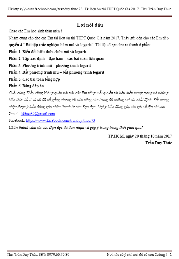Bài tập trắc nghiệm hàm mũ và logarit – Trần Duy Thúc