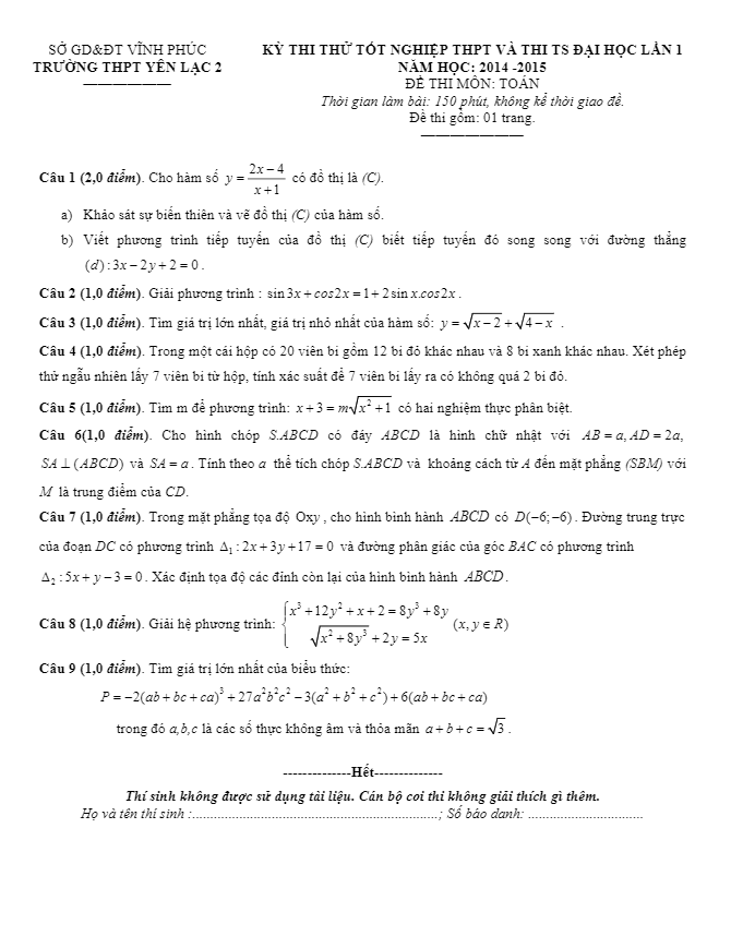 Đề thi thử THPT Quốc gia 2015 môn Toán trường Yên Lạc – Vĩnh Phúc lần 1