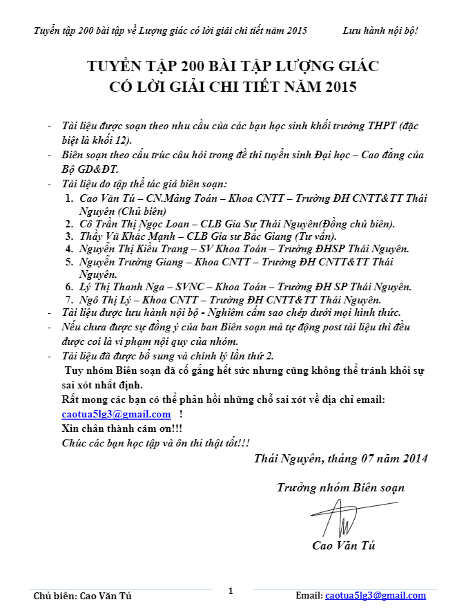 200 bài toán phương trình lượng giác – Cao Văn Tú