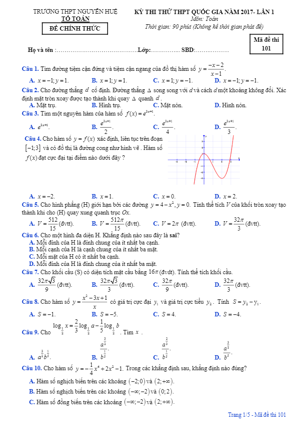 Đề thi thử THPT Quốc gia 2017 môn Toán trường THPT Nguyễn Huệ – TT. Huế