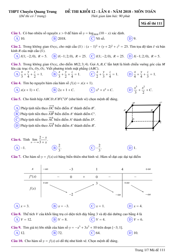 Đề thi thử Toán THPTQG 2018 trường THPT chuyên Quang Trung – Bình Phước lần 4
