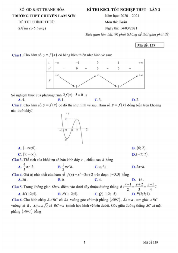Đề KSCL Toán thi tốt nghiệp THPT 2021 lần 2 trường chuyên Lam Sơn – Thanh Hóa