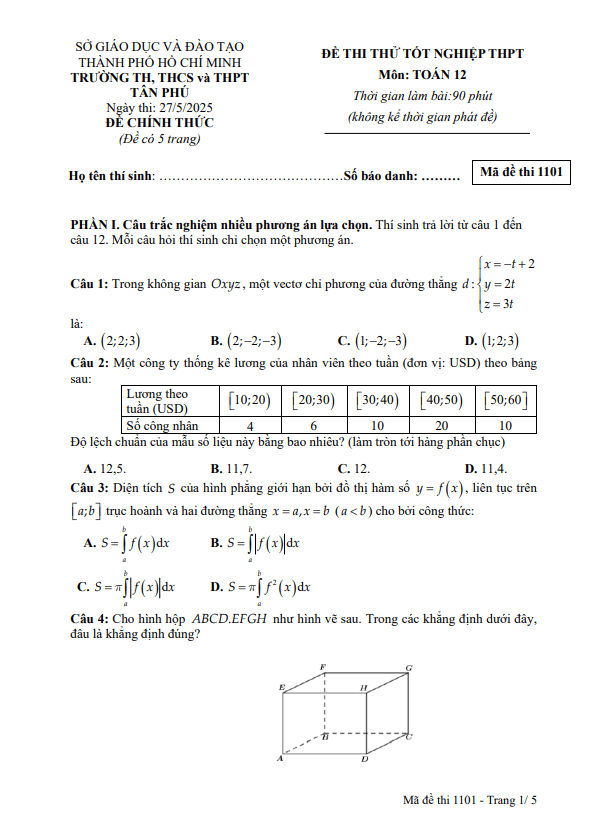 Đề thi thử tốt nghiệp THPT 2025 môn Toán trường Tân Phú – TP HCM