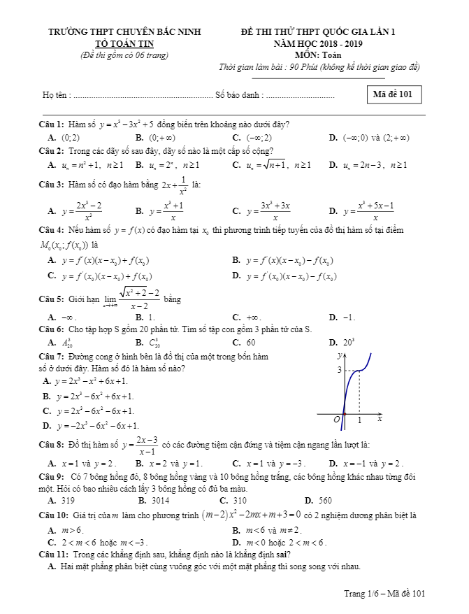 Đề thi thử Toán THPT Quốc gia 2019 trường THPT chuyên Bắc Ninh lần 1