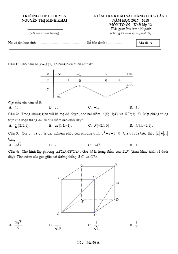Khảo sát năng lực Toán 12 trường chuyên Nguyễn Thị Minh Khai – Sóc Trăng lần 1