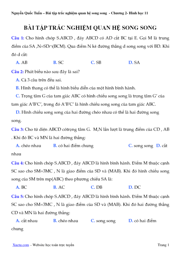 121 câu trắc nghiệm quan hệ song song – Nguyễn Quốc Tuấn