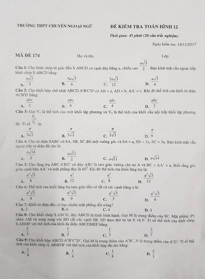 Đề kiểm tra Hình học 12 chương 1 (Khối đa diện) trường THPT chuyên Ngoại Ngữ – Hà Nội