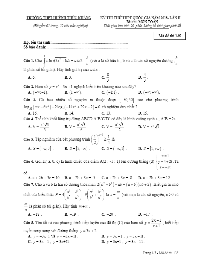 Đề thi thử Toán THPTQG 2018 trường THPT Huỳnh Thúc Kháng – Khánh Hòa lần 2