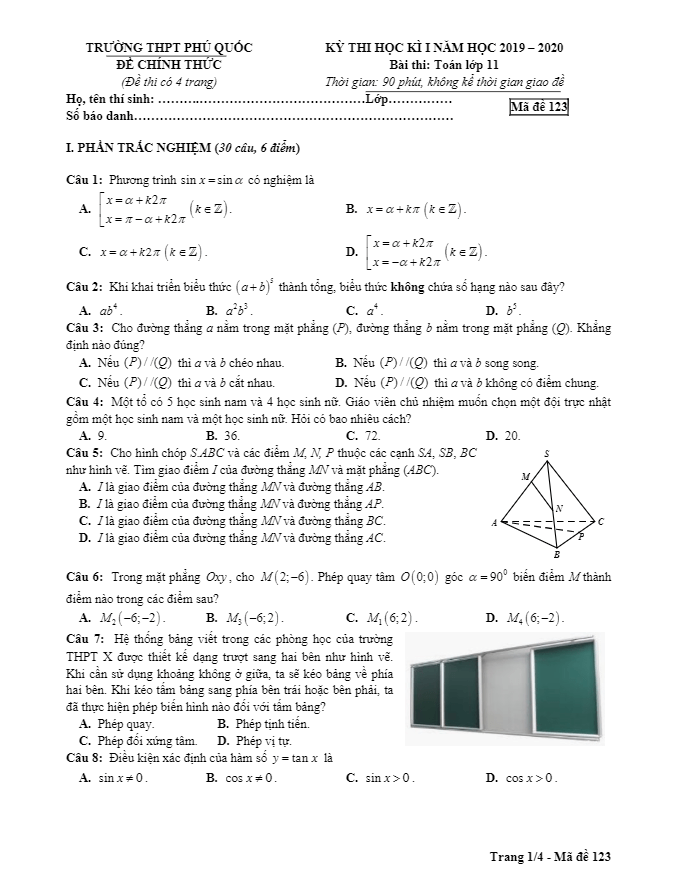 Đề thi học kì 1 Toán 11 năm 2019 – 2020 trường THPT Phú Quốc –  Kiên Giang