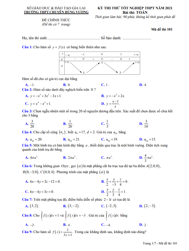 Đề thi thử Toán tốt nghiệp THPT 2021 trường chuyên Hùng Vương – Gia Lai