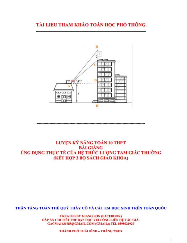 Luyện kỹ năng Toán 10 ứng dụng thực tế của hệ thức lượng tam giác thường