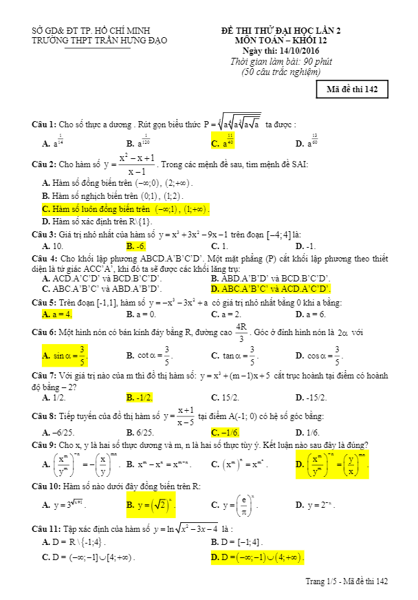 Đề thi thử THPT Quốc gia 2017 môn Toán trường Trần Hưng Đạo – TP.HCM lần 2
