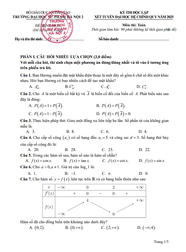 Đề minh họa xét tuyển Đại học năm 2025 môn Toán trường ĐHSP Hà Nội 2