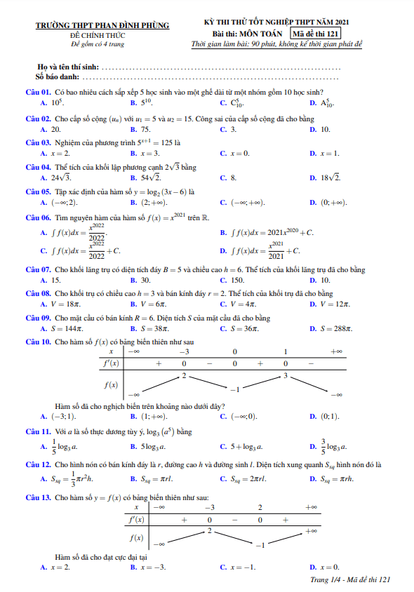 Đề thi thử Toán tốt nghiệp THPT 2021 trường Phan Đình Phùng – Quảng Bình