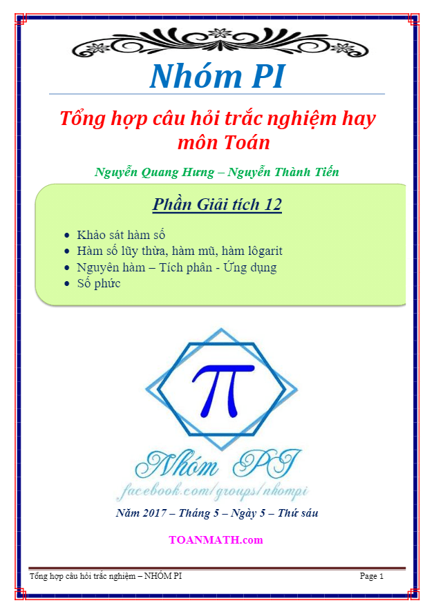 Tổng hợp câu hỏi trắc nghiệm hay Giải tích 12 – Nguyễn Quang Hưng, Nguyễn Thành Tiến