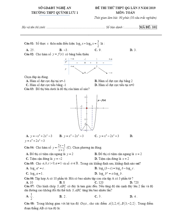 Đề thi thử THPT QG 2019 môn Toán trường Quỳnh Lưu 1 – Nghệ An lần 3
