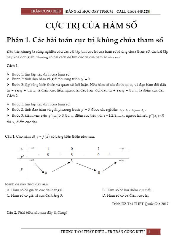Bài tập trắc nghiệm cực trị của hàm số – Trần Công Diêu