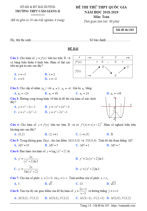 Đề thi thử THPT Quốc gia 2019 môn Toán trường Cẩm Giàng II – Hải Dương