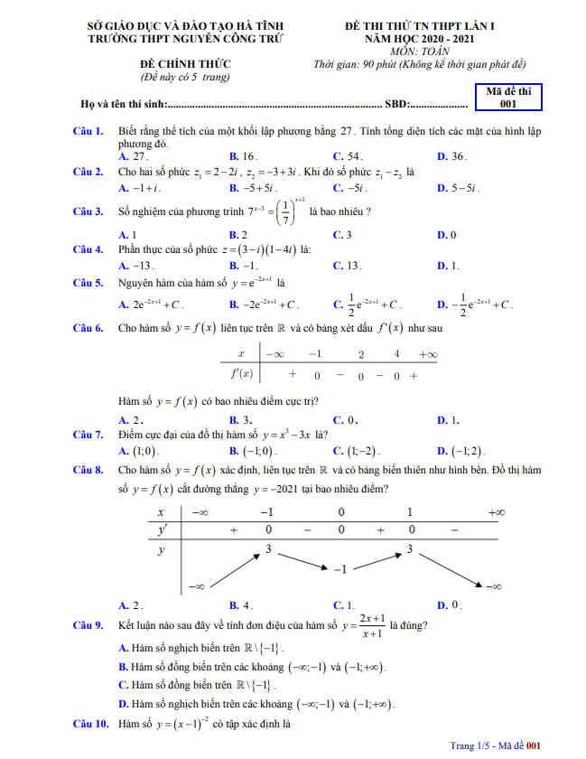 Đề thi thử Toán TN THPT 2021 lần 1 trường Nguyễn Công Trứ – Hà Tĩnh