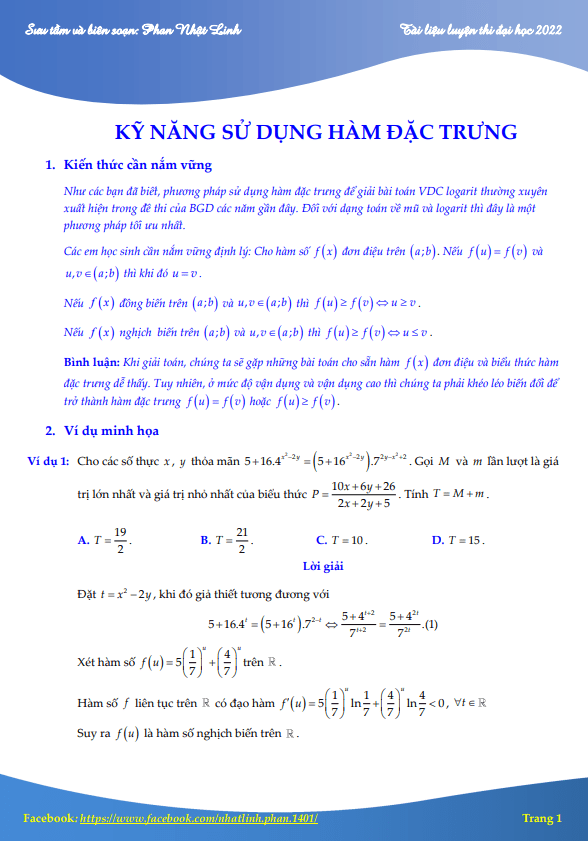 Kỹ năng sử dụng hàm đặc trưng để giải bài toán VDC mũ – logarit