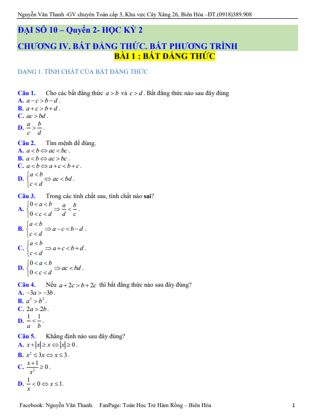 Bài tập Toán 10 học kì 2 – Nguyễn Văn Thanh