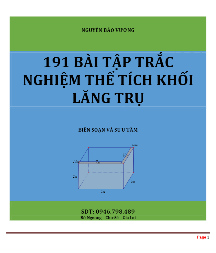 191 bài tập trắc nghiệm thể tích khối lăng trụ – Nguyễn Bảo Vương