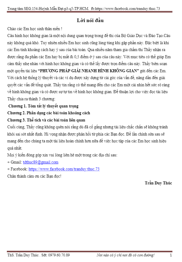 Phương pháp giải nhanh hình không gian – Trần Duy Thúc