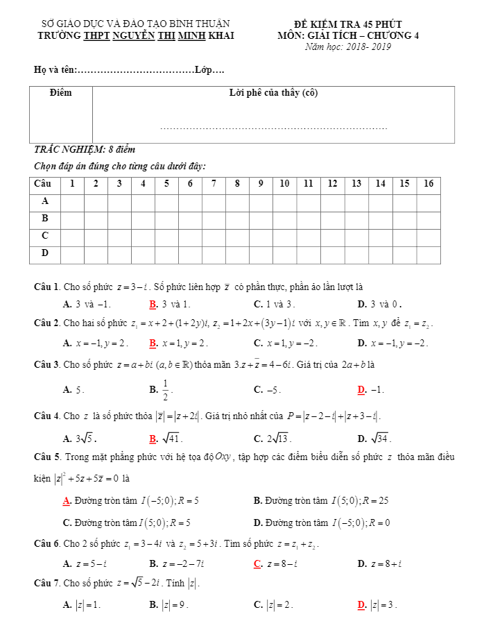 Đề kiểm tra 45 phút Giải tích 12 chương 4 trường Nguyễn Thị Minh Khai – Bình Thuận