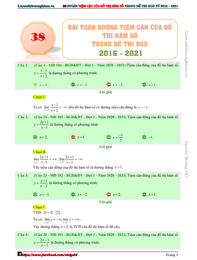 38 bài toán đường tiệm cận của đồ thị hàm số trong đề thi THPT môn Toán (2016 – 2021)