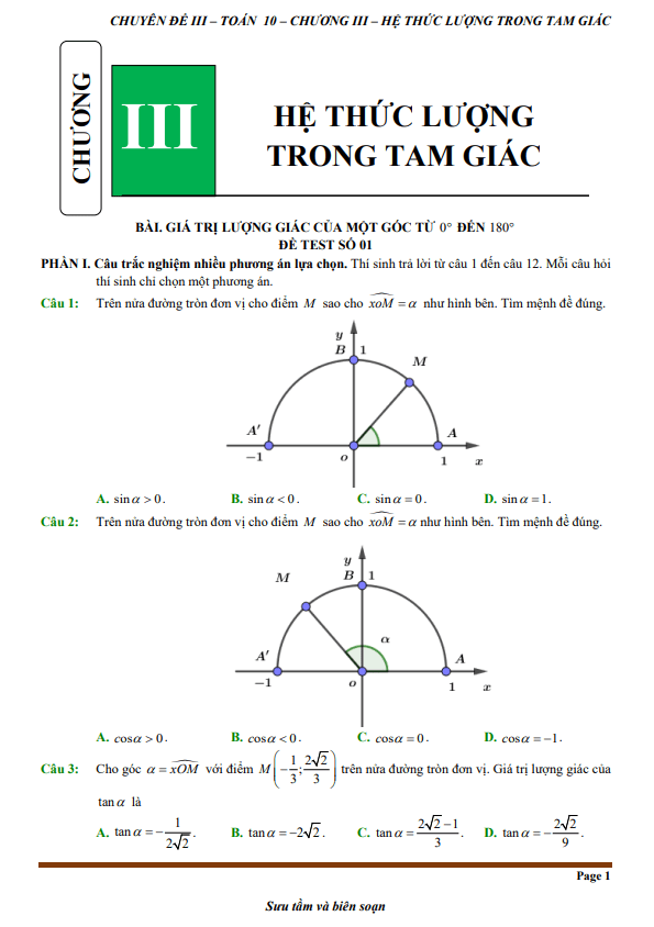 Đề kiểm tra theo bài học chủ đề hệ thức lượng trong tam giác